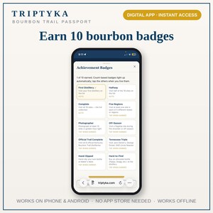 K&ouml;nnte beinhalten: Ein Smartphone mit der Benutzeroberfl&auml;che der digitalen App Triptyka Bourbon Trail Passport. Der Bildschirm zeigt eine Liste mit zehn Erfolgsabzeichen, darunter First Distillery, Halfway, Complete, Five Regions, Photographer und Off-Season.