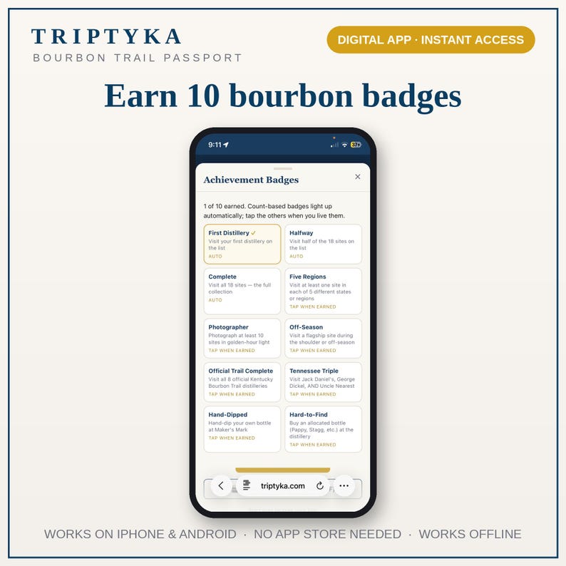 K&ouml;nnte beinhalten: Ein Smartphone mit der Benutzeroberfl&auml;che der digitalen App Triptyka Bourbon Trail Passport. Der Bildschirm zeigt eine Liste mit zehn Erfolgsabzeichen, darunter First Distillery, Halfway, Complete, Five Regions, Photographer und Off-Season.
