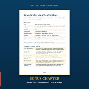 Op de afbeelding: Een witte pagina getiteld Bonus: Wright's Life & The Wright Style uit een Triptyka Bucket-List Passport. De tekst bevat de biografie van Frank Lloyd Wright, snelle feiten en informatie voor het plannen van bezoeken aan zijn architecturale locaties.