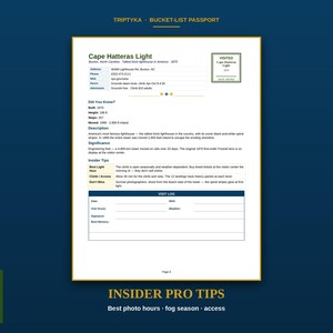 Pu&ograve; includere: Una pagina di passaporto Triptyka bucket-list dedicata al faro Cape Hatteras Light. Il documento include dettagli sulla posizione, fatti storici, consigli utili e una sezione per il registro delle visite con campi per data, meteo e firma.