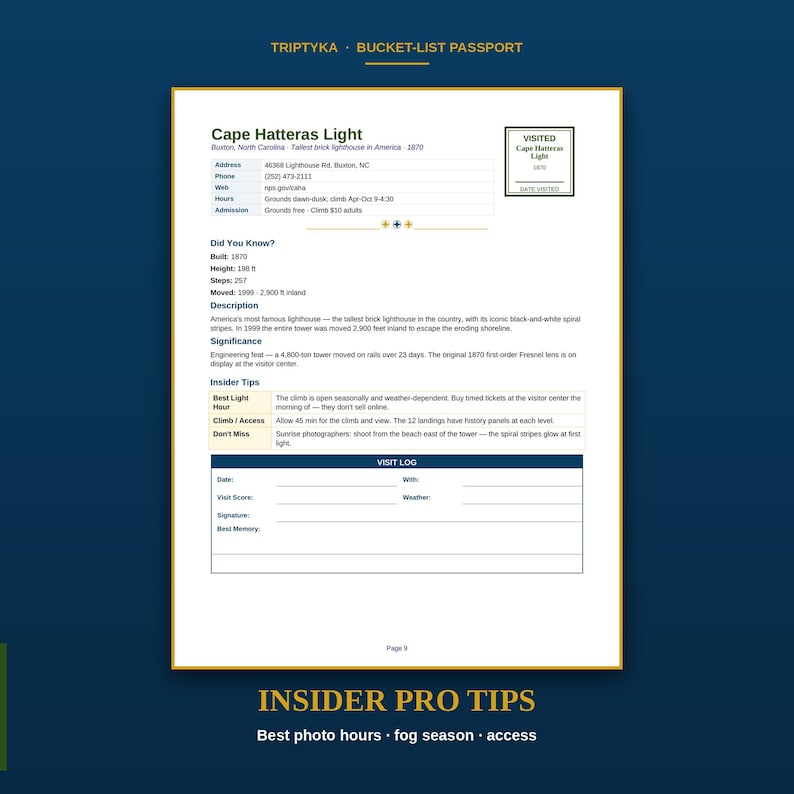 Pu&ograve; includere: Una pagina di passaporto Triptyka bucket-list dedicata al faro Cape Hatteras Light. Il documento include dettagli sulla posizione, fatti storici, consigli utili e una sezione per il registro delle visite con campi per data, meteo e firma.