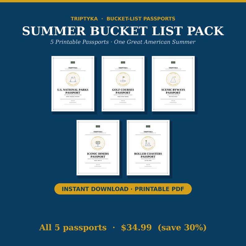 Pu&ograve; includere: Un set di cinque passaporti stampabili bianchi intitolati Summer Bucket List Pack di Triptyka. I passaporti sono etichettati U.S. National Parks, Golf Courses, Scenic Byways, Iconic Diners e Roller Coasters, ognuno con un'icona dorata.