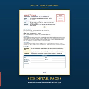 May include: A Triptyka Bucket-List Passport site detail page for Mount Vernon. The document includes location details, historical facts, a description, significance, insider tips, and a visit log section with a red visited stamp graphic.