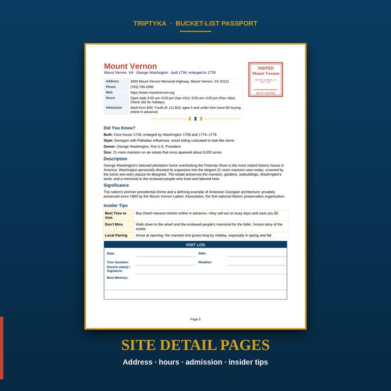 May include: A Triptyka Bucket-List Passport site detail page for Mount Vernon. The document includes location details, historical facts, a description, significance, insider tips, and a visit log section with a red visited stamp graphic.