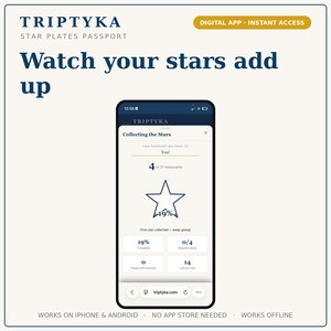 May include: A smartphone displaying the Triptyka Star Plates Passport digital app interface. The screen shows a progress tracker with a star icon, 19% completion, and the text Collecting the Stars. The background features the Triptyka logo.