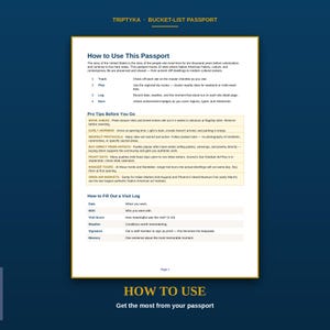 May include: A white informational page titled Triptyka Bucket-List Passport with dark blue text. It outlines instructions for tracking, planning, logging, and earning badges, plus pro tips for visiting sites and a guide on how to fill out a visit log.