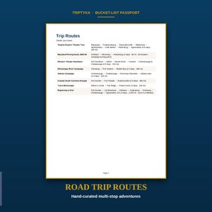 Może przedstawiać: Biała strona zatytułowana Trip Routes z Triptyka Bucket-List Passport. Dokument zawiera listę historycznych tras podr&oacute;ży, w tym Virginia Eastern Theater Tour, Maryland-Pennsylvania 1862-63, wraz z informacjami o dystansie i czasie trwania.