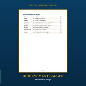 May include: A white page from the Triptyka Bucket-List Passport titled Achievement Badges. It lists ten tasks including First Park, Halfway, Complete, Five Regions, Photographer, Off-Season, Star Party, Milky Way Sighted, Aurora, and Gold-Tier.