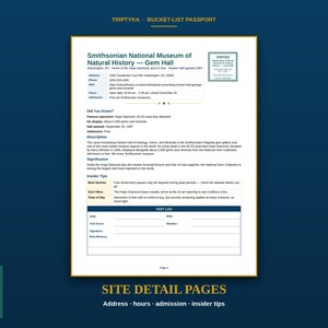 May include: A Triptyka Bucket-List Passport site detail page for the Smithsonian National Museum of Natural History Gem Hall. The document includes address, hours, admission, a description, insider tips, and a visit log section for notes.