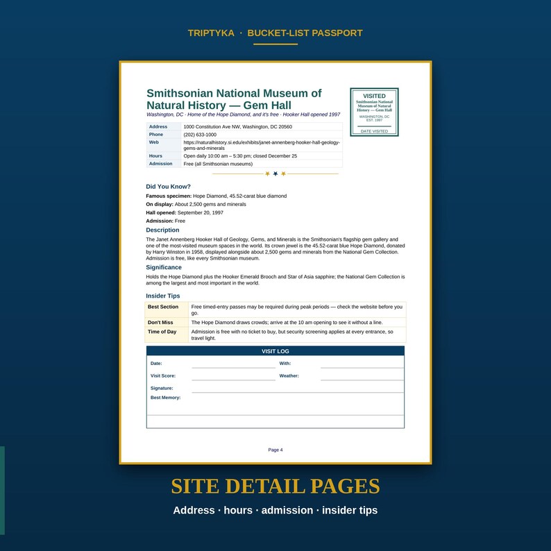 May include: A Triptyka Bucket-List Passport site detail page for the Smithsonian National Museum of Natural History Gem Hall. The document includes address, hours, admission, a description, insider tips, and a visit log section for notes.