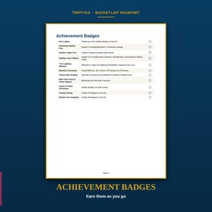 K&ouml;nnte beinhalten: Eine Seite aus dem Triptyka Bucket-List Passport mit dem Titel Achievement Badges. Die Liste enth&auml;lt Punkte wie First Lights, Christmas Market Five und Garden Lights Five, jeweils mit einem Kontrollk&auml;stchen. Die Fu&szlig;zeile zeigt Page 31 und Earn them as you go.