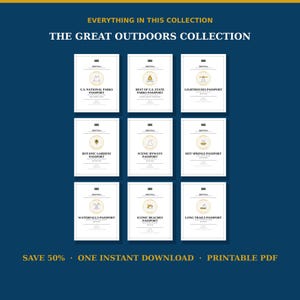 May include: A collection of nine printable passport booklets titled The Great Outdoors Collection. Each white booklet features a unique gold circular icon and text including U.S. National Parks, State Parks, Lighthouses, Botanic Gardens, Scenic Byways, Hot Springs, Waterfalls, Iconic Beaches, and Long Trails.