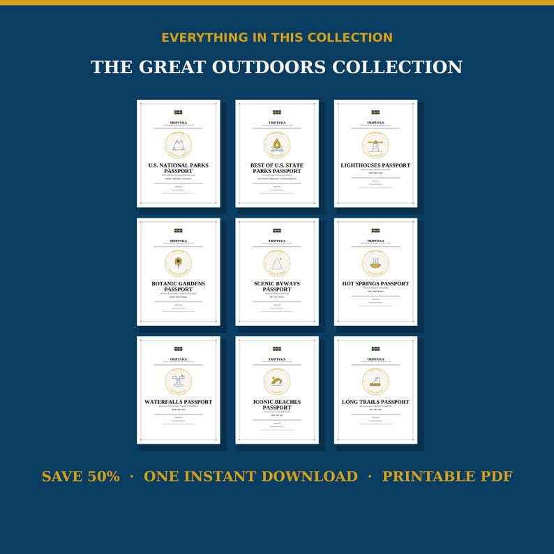 May include: A collection of nine printable passport booklets titled The Great Outdoors Collection. Each white booklet features a unique gold circular icon and text including U.S. National Parks, State Parks, Lighthouses, Botanic Gardens, Scenic Byways, Hot Springs, Waterfalls, Iconic Beaches, and Long Trails.