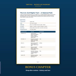 May include: A white informational page titled The U.S. Civil Rights Trail &mdash; A National Path, featuring a table with quick facts, trail anchor cities, key sites, and time needed for travel. The document includes text about the 1954-1968 movement.