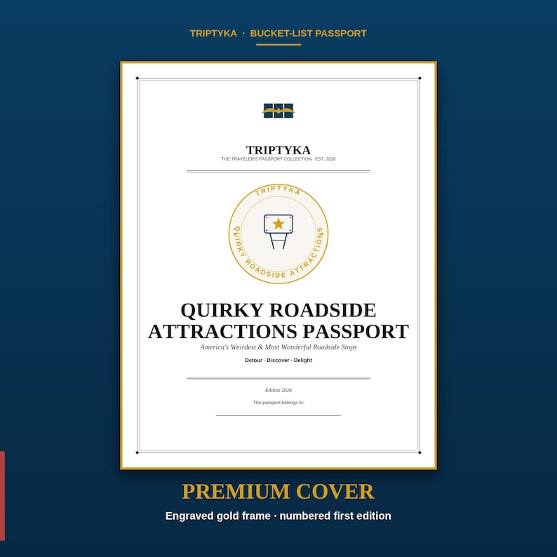 May include: A white rectangular passport cover with gold accents and black text. The cover features the title Quirky Roadside Attractions Passport, the text Triptyka, The Traveler's Passport Collection, Est. 2026, and a gold circular emblem with a star icon.