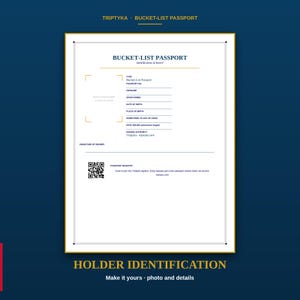 K&ouml;nnte beinhalten: Eine wei&szlig;e, rechteckige Bucket-List Passport Identifikationsseite mit dunkelblauem Text und goldenen Akzenten. Sie enth&auml;lt Felder f&uuml;r pers&ouml;nliche Angaben, einen Platzhalter f&uuml;r Fotos, eine Unterschriftenzeile und einen QR-Code.