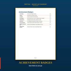Puede incluir: Una p&aacute;gina blanca titulada Achievement Badges de un Triptyka Bucket-List Passport. La lista incluye First Bridge, Halfway, Complete, Five Regions, Photographer, Off-Season, Cornish-Windsor, Madison County All Six y Parke County Festival.