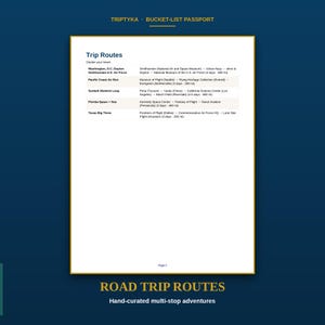 May include: A white page titled Trip Routes from a Triptyka Bucket-List Passport. The document lists travel itineraries including Washington D.C., Pacific Coast Air Run, Sunbelt Warbird Loop, Florida Space + Sea, and Texas Big Three with details.