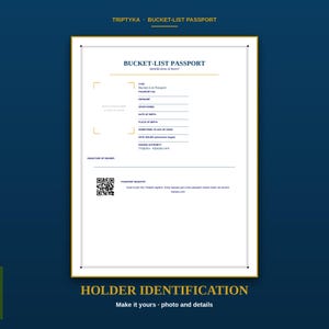 K&ouml;nnte beinhalten: Eine rechteckige Bucket-List-Pass-Identifikationsseite mit dunkelblauem Rand und goldenen Akzenten. Sie enth&auml;lt Felder f&uuml;r pers&ouml;nliche Daten, einen Platzhalter f&uuml;r Fotos, eine Unterschriftenzeile und einen QR-Code f&uuml;r das Triptyka-Register.
