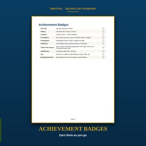 Pu&ograve; includere: Una pagina bianca del Triptyka Bucket-List Passport intitolata Achievement Badges. Elenca dieci traguardi tra cui First Trail, Halfway, Complete, Five Regions, Photographer, Off-Season, Triple Crown Section, 100-Mile Hike, 14er e Backpacking Permit con caselle di controllo.