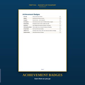 May include: A white page titled Achievement Badges from a Triptyka Bucket-List Passport. The list includes First Site, Halfway, Complete, Five Regions, Photographer, Off-Season, Cliff Dwelling Climber, Living Pueblo, UNESCO Trio, and Cahokia Climber.
