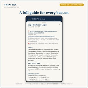 May include: A digital app interface titled Triptyka Lighthouses Passport displaying information about Cape Hatteras Light. The screen shows text details including location, history, height, and visitor information for the lighthouse in North Carolina.