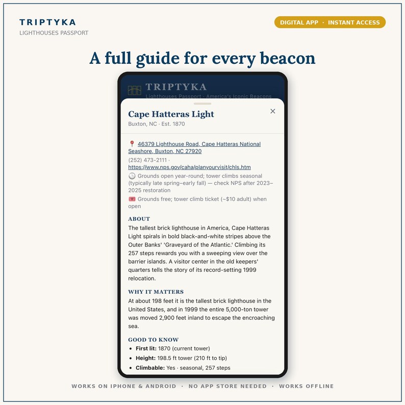 May include: A digital app interface titled Triptyka Lighthouses Passport displaying information about Cape Hatteras Light. The screen shows text details including location, history, height, and visitor information for the lighthouse in North Carolina.