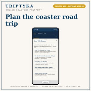 May include: A smartphone displaying the Triptyka Roller Coasters Passport digital app interface. The screen shows a list of Road Trip Routes including Ohio Thrill Loop, Mid-Atlantic Coaster Run, Florida Mega Day, SoCal Coaster Crawl, and Wooden Classics Pilgrimage.