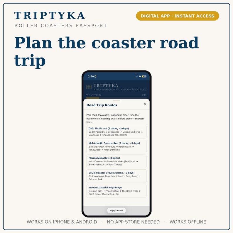 May include: A smartphone displaying the Triptyka Roller Coasters Passport digital app interface. The screen shows a list of Road Trip Routes including Ohio Thrill Loop, Mid-Atlantic Coaster Run, Florida Mega Day, SoCal Coaster Crawl, and Wooden Classics Pilgrimage.