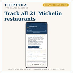 May include: A smartphone displaying the Triptyka Star Plates Passport digital app interface. The screen shows a list of Michelin-starred restaurants, progress tracking, and text including "Track all 21 Michelin restaurants" and "Digital App - Instant Access."