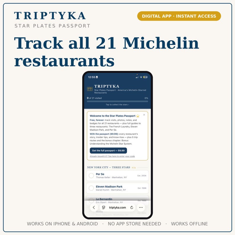 May include: A smartphone displaying the Triptyka Star Plates Passport digital app interface. The screen shows a list of Michelin-starred restaurants, progress tracking, and text including "Track all 21 Michelin restaurants" and "Digital App - Instant Access."