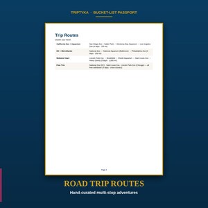 May include: A white page titled Trip Routes from a Bucket-List Passport. The document lists four travel itineraries: California Zoo + Aquarium, DC + Mid-Atlantic, Midwest Heart, and Free Trio, detailing specific locations, durations, and distances in miles.