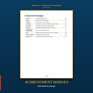 Pu&ograve; includere: Una pagina bianca intitolata Achievement Badges tratta da un passaporto Triptyka Bucket-List. L'elenco include voci come First Hotel, Halfway, Complete, Five Regions, Photographer, Off-Season, National Historic Landmark Stay, Aman e Afternoon Tea.