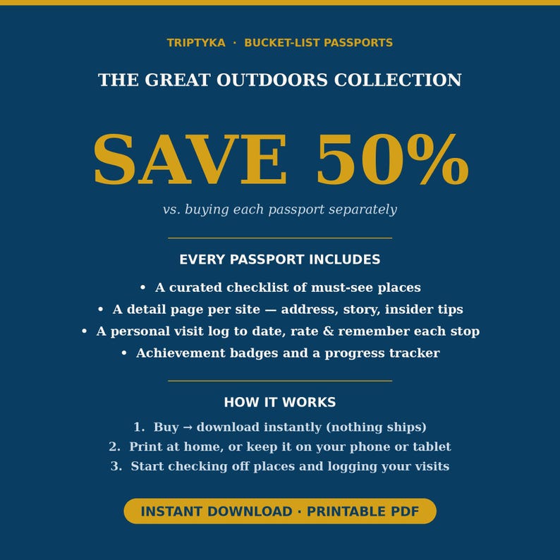 May include: A dark blue digital informational graphic titled The Great Outdoors Collection by Triptyka Bucket-List Passports. It features gold text detailing a 50% savings, passport features like checklists, visit logs, and badges, plus instructions for instant download and printing.