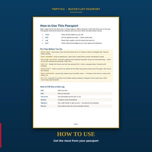 May include: A Triptyka Bucket-List Passport instructional page with a white background and dark blue text. It outlines how to use the passport, provides pro tips for stadium travel, and explains how to fill out a visit log for MLS soccer stadiums.