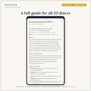 May include: A digital app interface titled Triptyka Iconic Diners Passport displaying a guide for 20 diners. The screen shows a detailed entry for Tom's Restaurant in NYC, including address, contact info, and a description of its pop-culture history.
