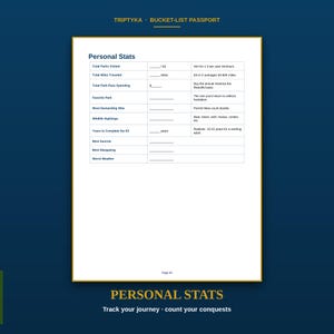 Puede incluir: Una p&aacute;gina blanca de un pasaporte Triptyka Bucket-List titulada Personal Stats. La tabla incluye filas para Total Parks Visited, Miles Traveled, Spending, Favorite Park, Hikes, Wildlife, Years, Sunrise, Stargazing y Weather con l&iacute;neas en blanco.