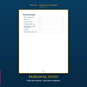 K&ouml;nnte beinhalten: Eine wei&szlig;e Seite aus einem Triptyka Bucket-List Passport mit der &Uuml;berschrift Personal Stats. Die Seite enth&auml;lt eine Tabelle mit Zeilen f&uuml;r States or regions covered, Photos saved, Trip routes completed, Favorite single theater, Live performances und Tours.