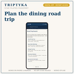 May include: A smartphone displaying the Triptyka Star Plates Passport app with a list of Road Trip Routes. The screen shows dining itineraries for NYC, Napa Valley, Chicago, Charleston, and the Bay Area. The text reads Plan the dining road trip.