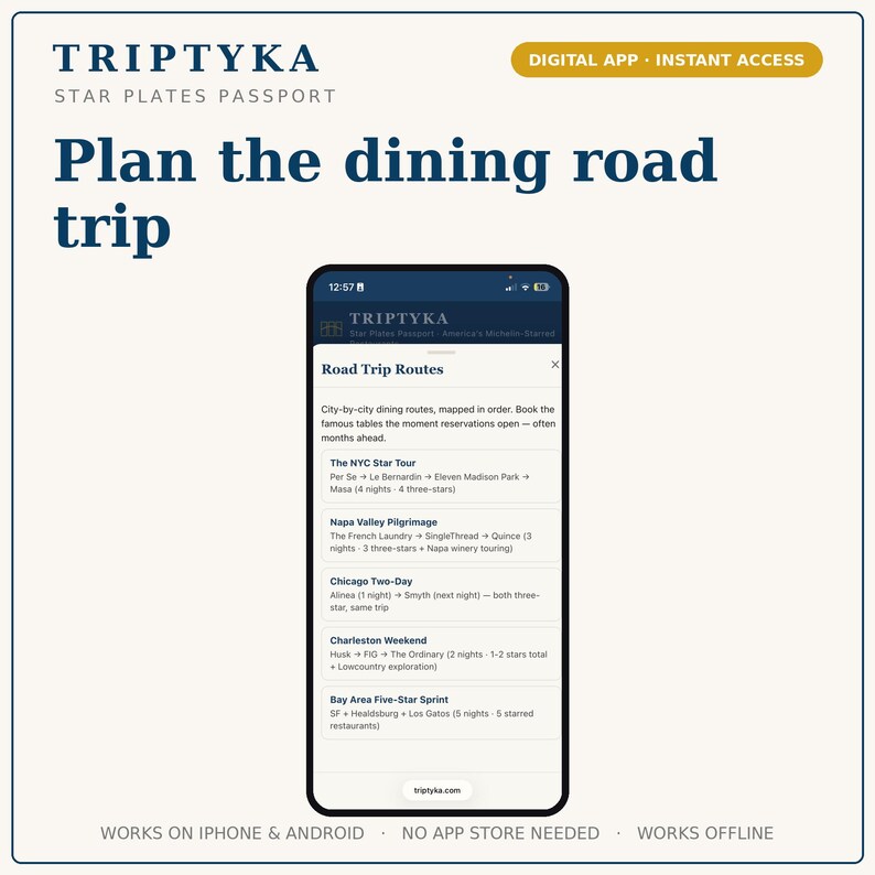 May include: A smartphone displaying the Triptyka Star Plates Passport app with a list of Road Trip Routes. The screen shows dining itineraries for NYC, Napa Valley, Chicago, Charleston, and the Bay Area. The text reads Plan the dining road trip.