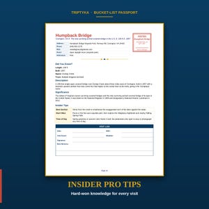 Puede incluir: Una p&aacute;gina del pasaporte Triptyka Bucket-List que presenta el puente Humpback Bridge en Covington, VA. El documento incluye detalles como direcci&oacute;n, tel&eacute;fono, sitio web, horarios, admisi&oacute;n, hechos hist&oacute;ricos, consejos y un registro de visitas.