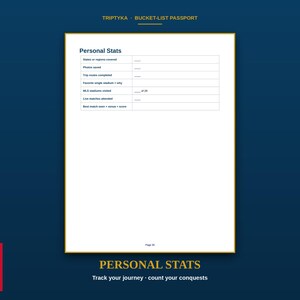 May include: A white page from a Triptyka Bucket-List Passport titled Personal Stats. It features a table with rows for states or regions covered, photos saved, trip routes, favorite stadium, MLS stadiums visited, and live matches attended.
