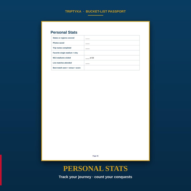 May include: A white page from a Triptyka Bucket-List Passport titled Personal Stats. It features a table with rows for states or regions covered, photos saved, trip routes, favorite stadium, MLS stadiums visited, and live matches attended.