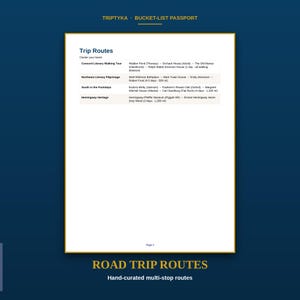 May include: A white page titled Trip Routes from a Triptyka Bucket-List Passport. It lists four literary travel itineraries: Concord Literary Walking Tour, Northeast Literary Pilgrimage, South in the Footsteps, and Hemingway Heritage with details.