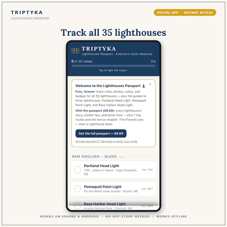 Lighthouses App — Digital Bucket List Tracker for Your Phone | Track 35 Lighthouses | Instant Access + Unlock Code image 1