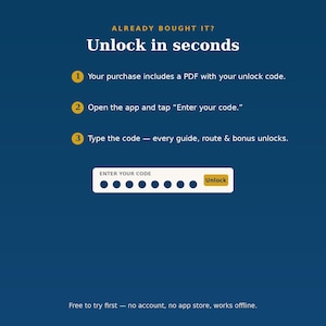 May include: A dark blue instructional graphic with white text reading: ALREADY BOUGHT IT? Unlock in seconds. 1. Your purchase includes a PDF with your unlock code. 2. Open the app and tap Enter your code. 3. Type the code. Includes an input field.