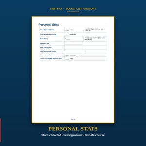 May include: A white page titled Personal Stats from a Triptyka Bucket-List Passport. The table includes fields for Total Stars Collected, Total Restaurants Visited, Total Spent, Favourite Chef, Best Single Plate, Most Memorable Pairing, and Reservations.