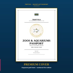 May include: A white rectangular passport cover with a gold frame and black text. The cover features the title Zoos & Aquariums Passport, the Triptyka logo, a fish icon, and the text America's Great Wildlife Collections, Habitat, Conservation, Wonder.