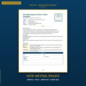 Puede incluir: Una p&aacute;gina blanca de un pasaporte de lista de deseos que presenta el Kennedy Space Center Visitor Complex. El documento incluye direcci&oacute;n, horarios, admisi&oacute;n, datos, consejos y una secci&oacute;n de registro de visitas con fecha y notas.