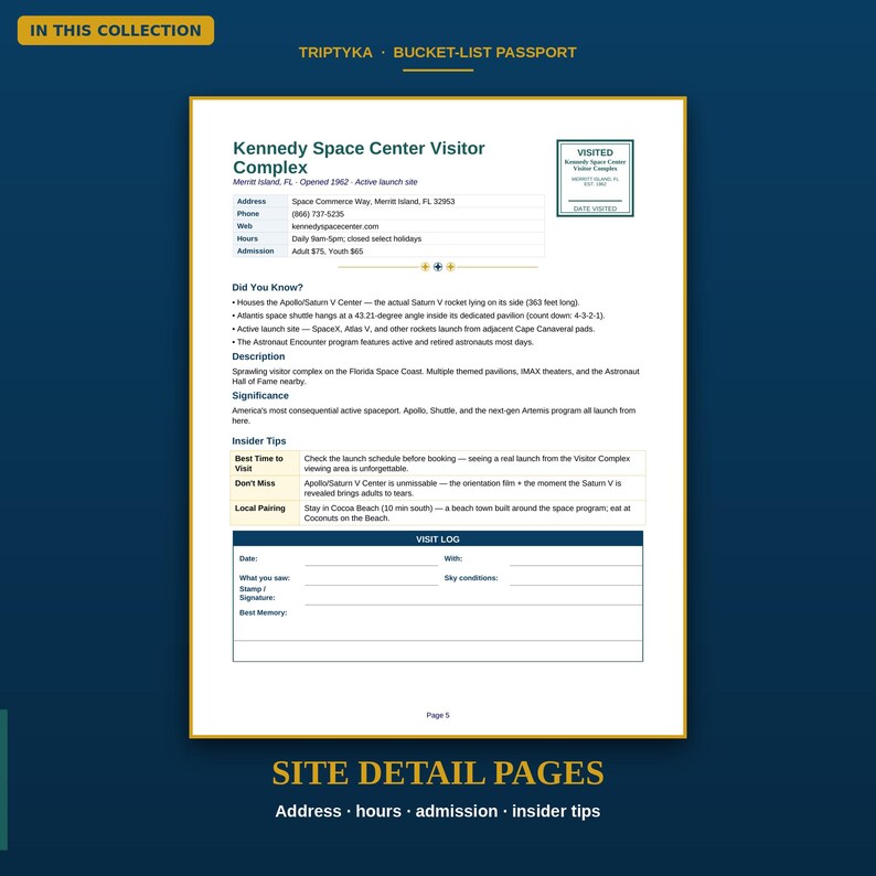 Puede incluir: Una p&aacute;gina blanca de un pasaporte de lista de deseos que presenta el Kennedy Space Center Visitor Complex. El documento incluye direcci&oacute;n, horarios, admisi&oacute;n, datos, consejos y una secci&oacute;n de registro de visitas con fecha y notas.